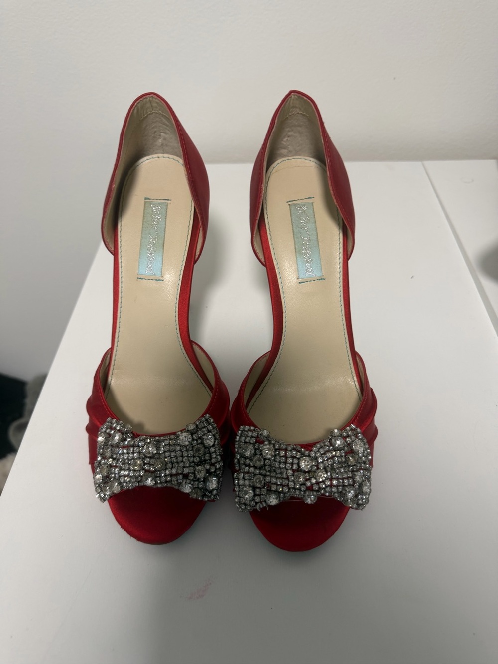Betsey Johnson Satin Red Crystal Bow Peep-Toe Heels